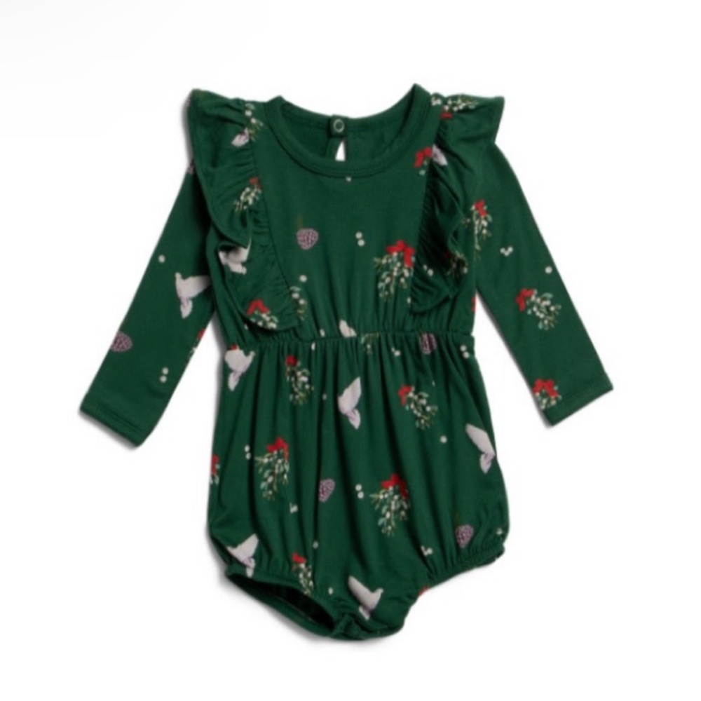 NWT Kyte Baby Long Sleeve Christmas Mistletoe Print Ruffle Bubble Bodysuit 6-12M